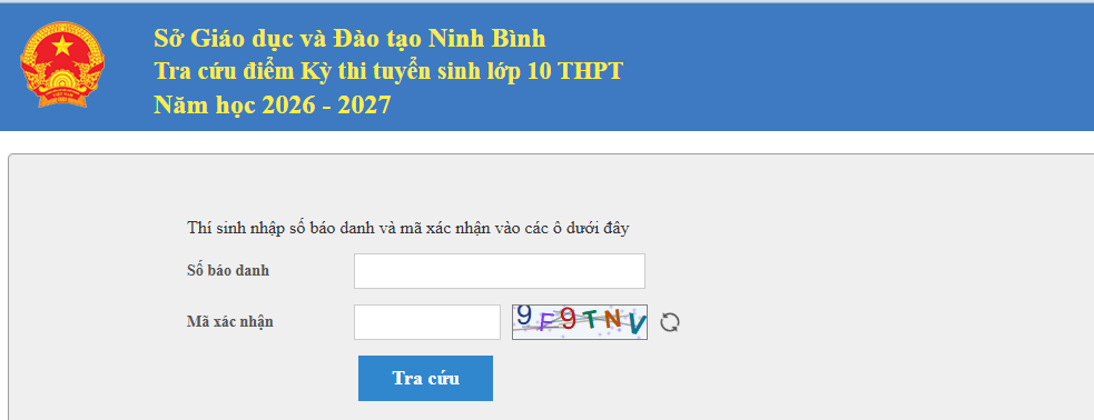 Sở Giáo dục và Đào tạo Ninh Bình Tra cứu điểm Kỳ thi tuyển sinh lớp 10 THPT Năm học 2026 - 2027