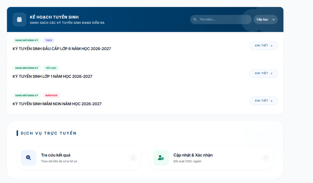 Giao diện mở website đăng ký đầu cấp